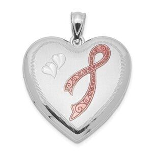 925 Sterling Silver Pink Enamel Ribbon Heart Locket Cancer Awareness Pendant